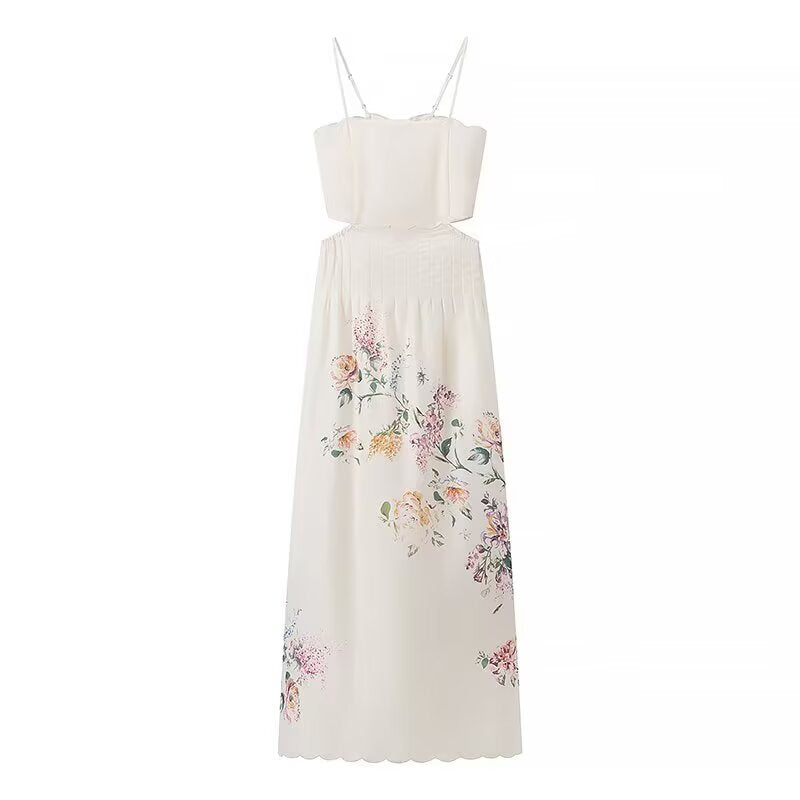Women Dignified Hollow Out Cutout Design Cropped Outfit Embroidery Printing Slip Dress