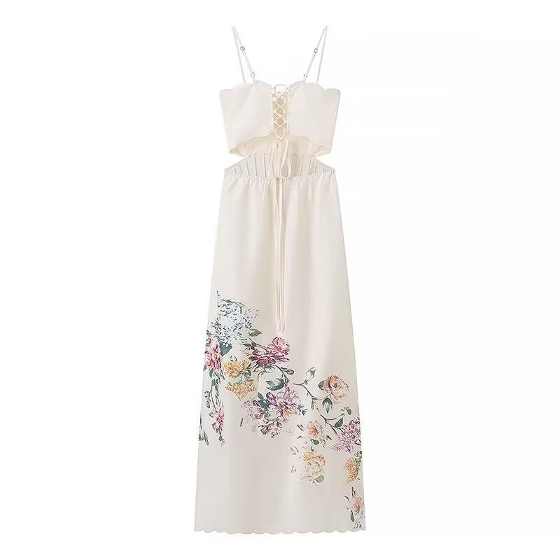 Women Dignified Hollow Out Cutout Design Cropped Outfit Embroidery Printing Slip Dress