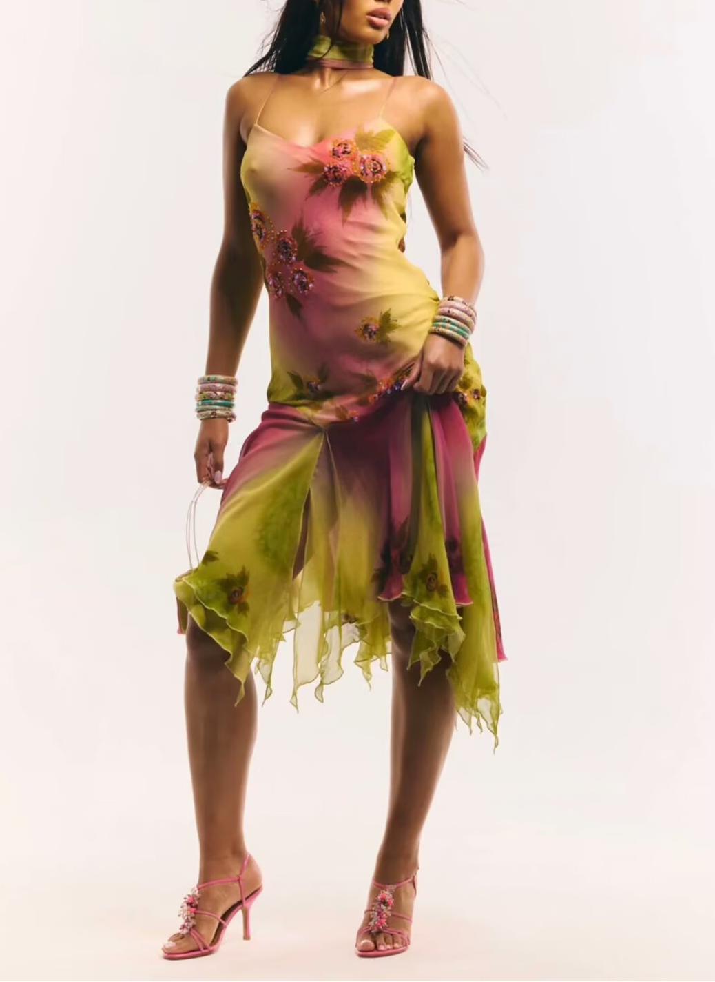 Ruffled Hem Suspender Elegant Embroidered Floral Summer Dress