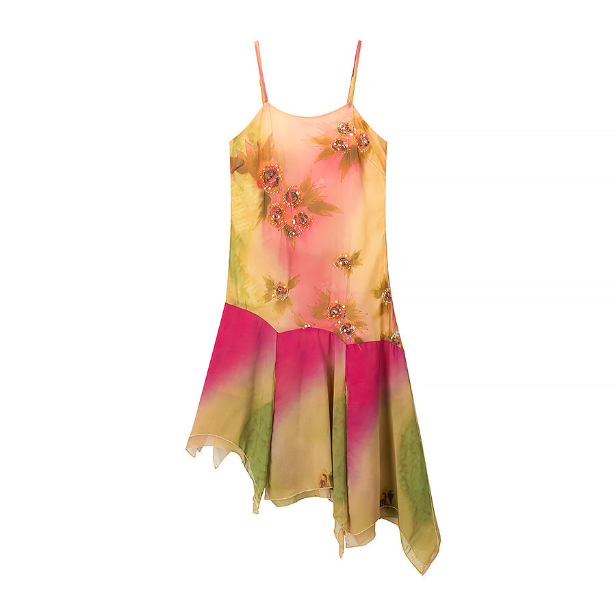 Ruffled Hem Suspender Elegant Embroidered Floral Summer Dress