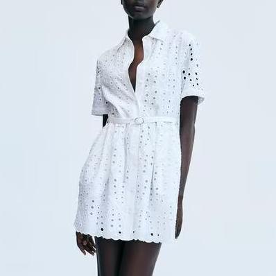 Summer French Collared Curling Sleeves with Belt Hollow Out Cutout Embroidered Cotton Dress