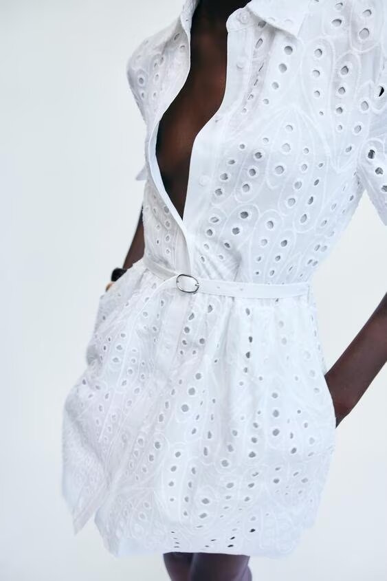 Summer French Collared Curling Sleeves with Belt Hollow Out Cutout Embroidered Cotton Dress
