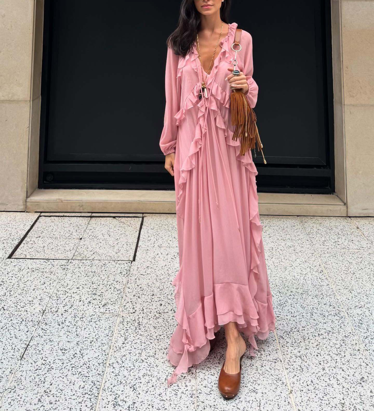 Women Clothing Design Laminated Ruffled Tied Chiffon Dress