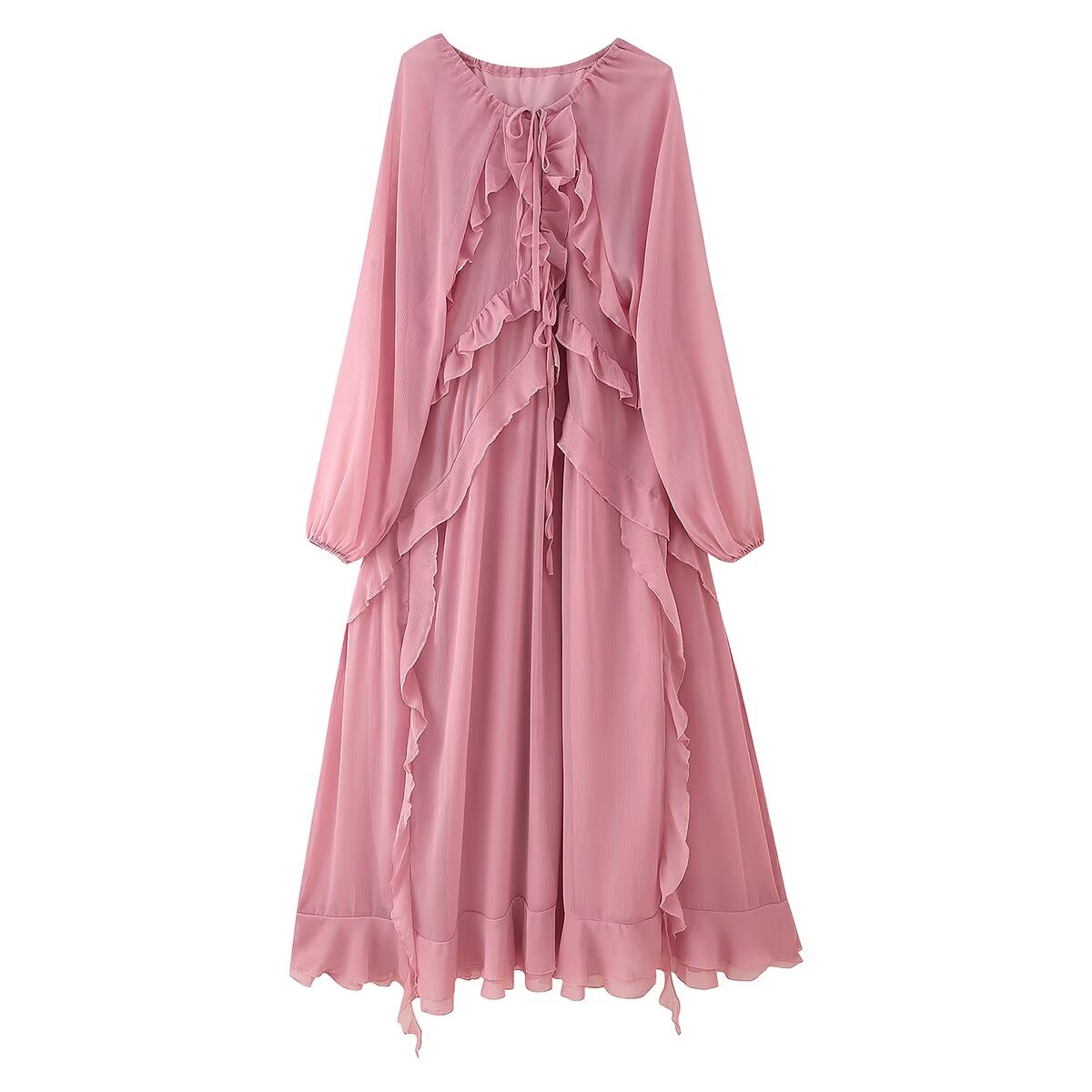 Women Clothing Design Laminated Ruffled Tied Chiffon Dress