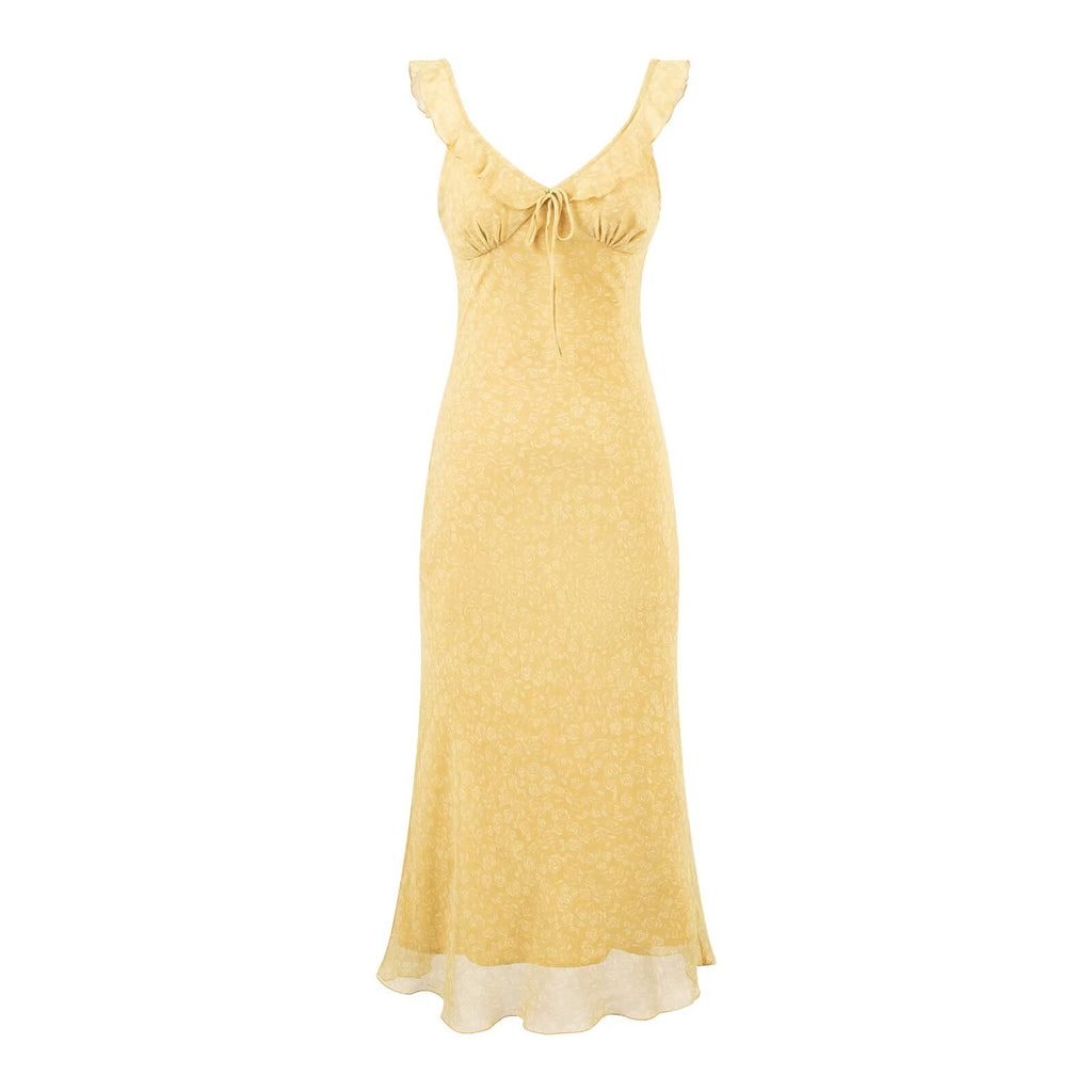 Summer Romantic Gentle Tea Break Lace up Rose Floral Dress Waist Tight Slimming Elegant Maxi Dress