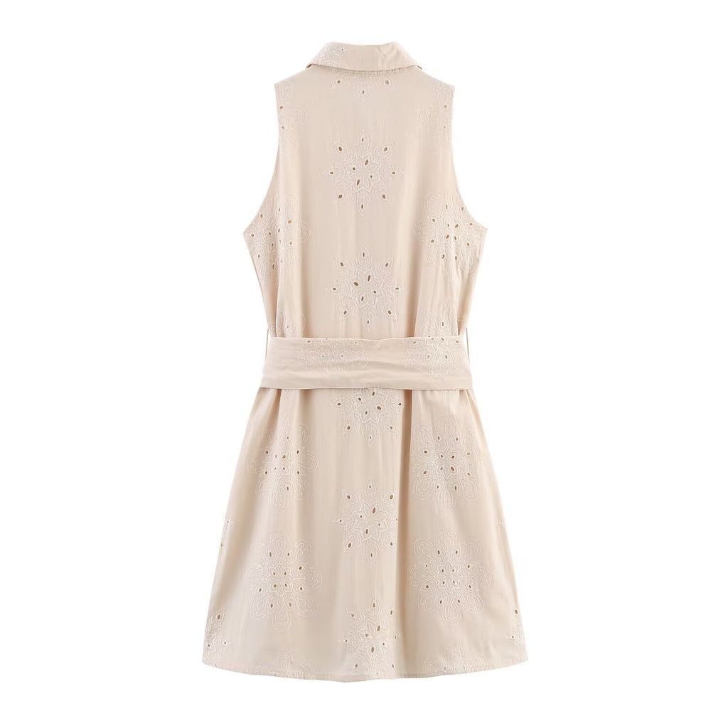 Women Clothing Summer Office Sleeveless Hollow Out Cutout Embroidery Short Dress