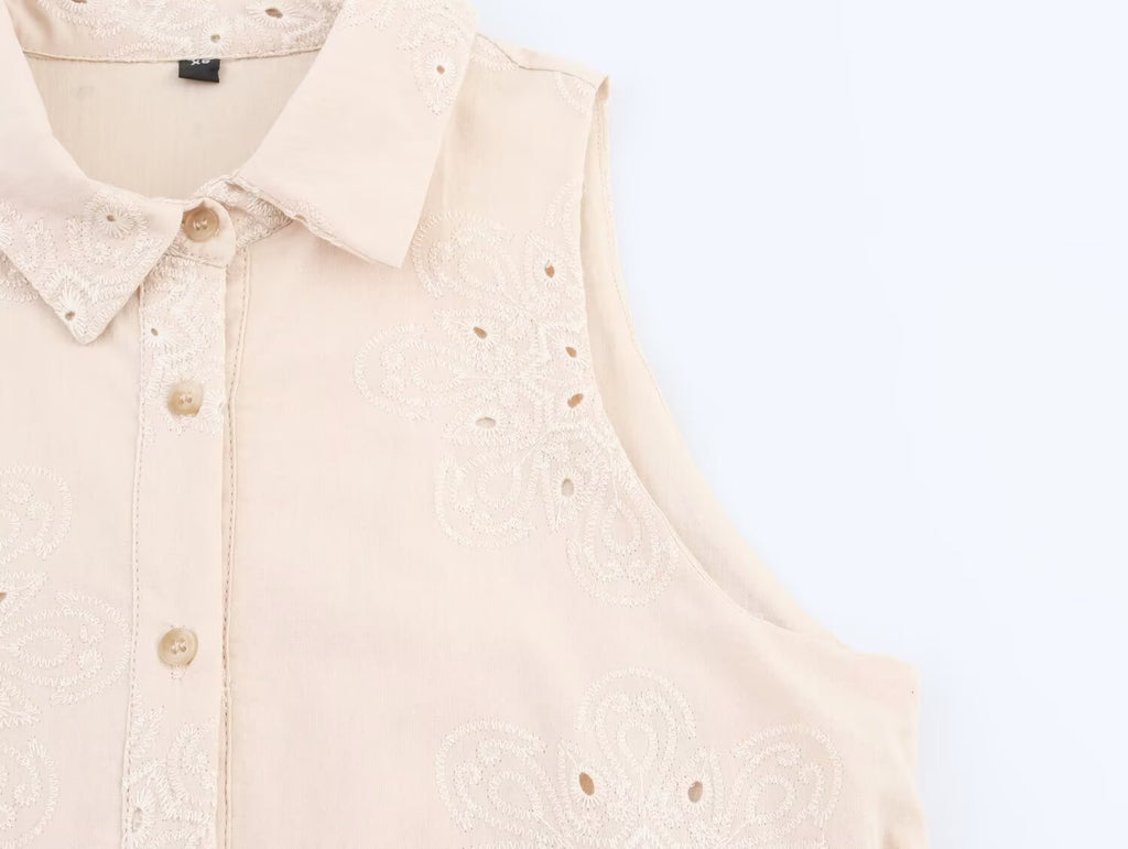 Women Clothing Summer Office Sleeveless Hollow Out Cutout Embroidery Short Dress