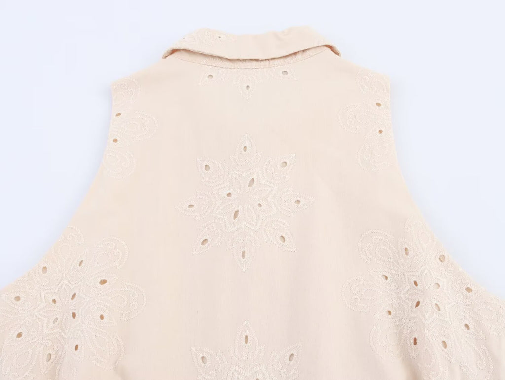 Women Clothing Summer Office Sleeveless Hollow Out Cutout Embroidery Short Dress