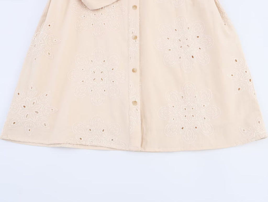 Women Clothing Summer Office Sleeveless Hollow Out Cutout Embroidery Short Dress