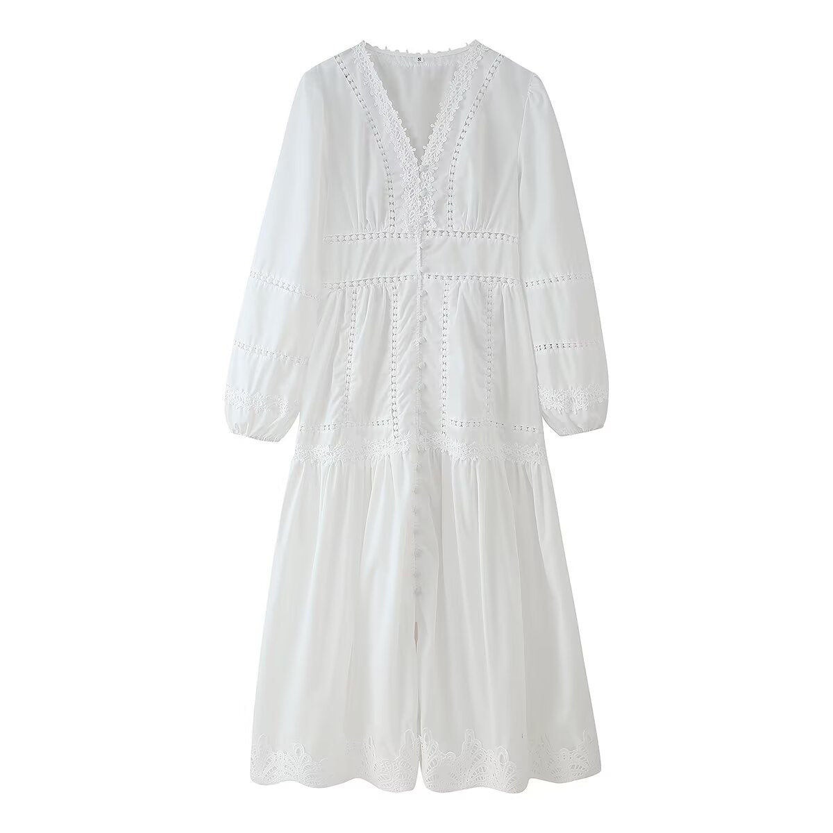 Women Clothing Summer Niche Gentle Two Color Hollow Out Cutout Lace Button Decoration Maxi Dress