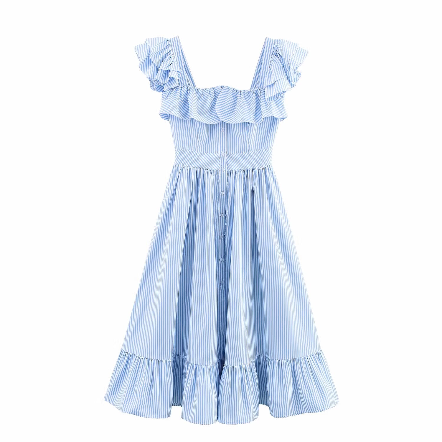 Autumn Women Clothing Three Color Single Breasted Striped Ruffled Waist Dress