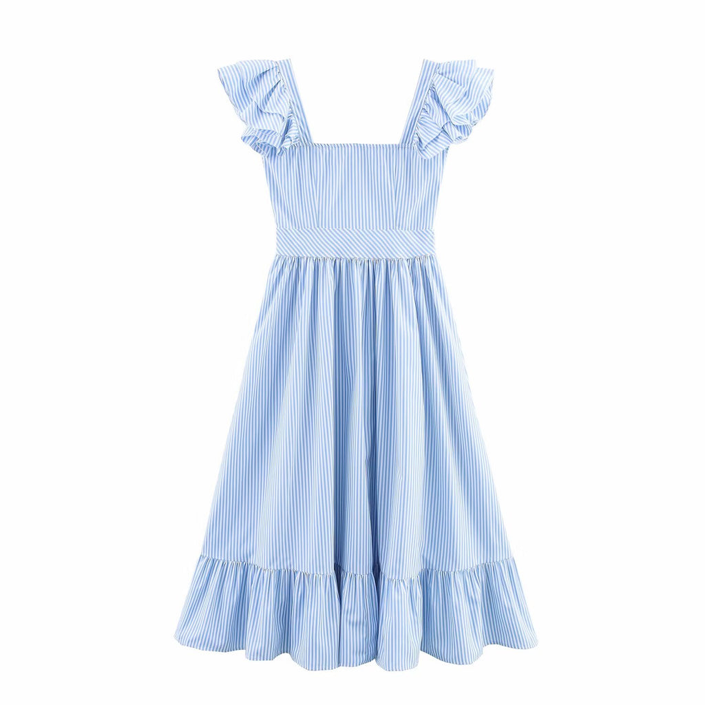 Autumn Women Clothing Three Color Single Breasted Striped Ruffled Waist Dress