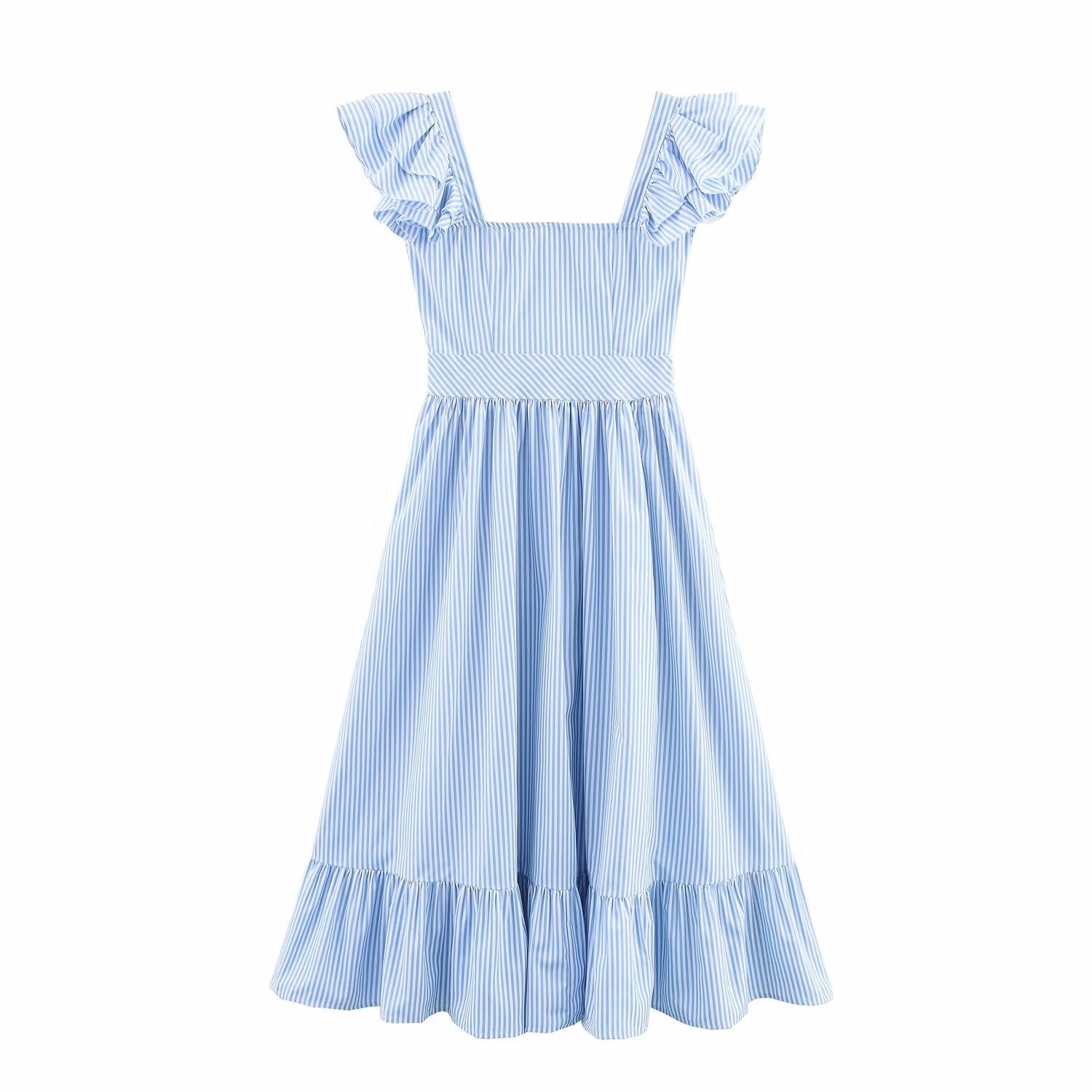 Autumn Women Clothing Three Color Single Breasted Striped Ruffled Waist Dress