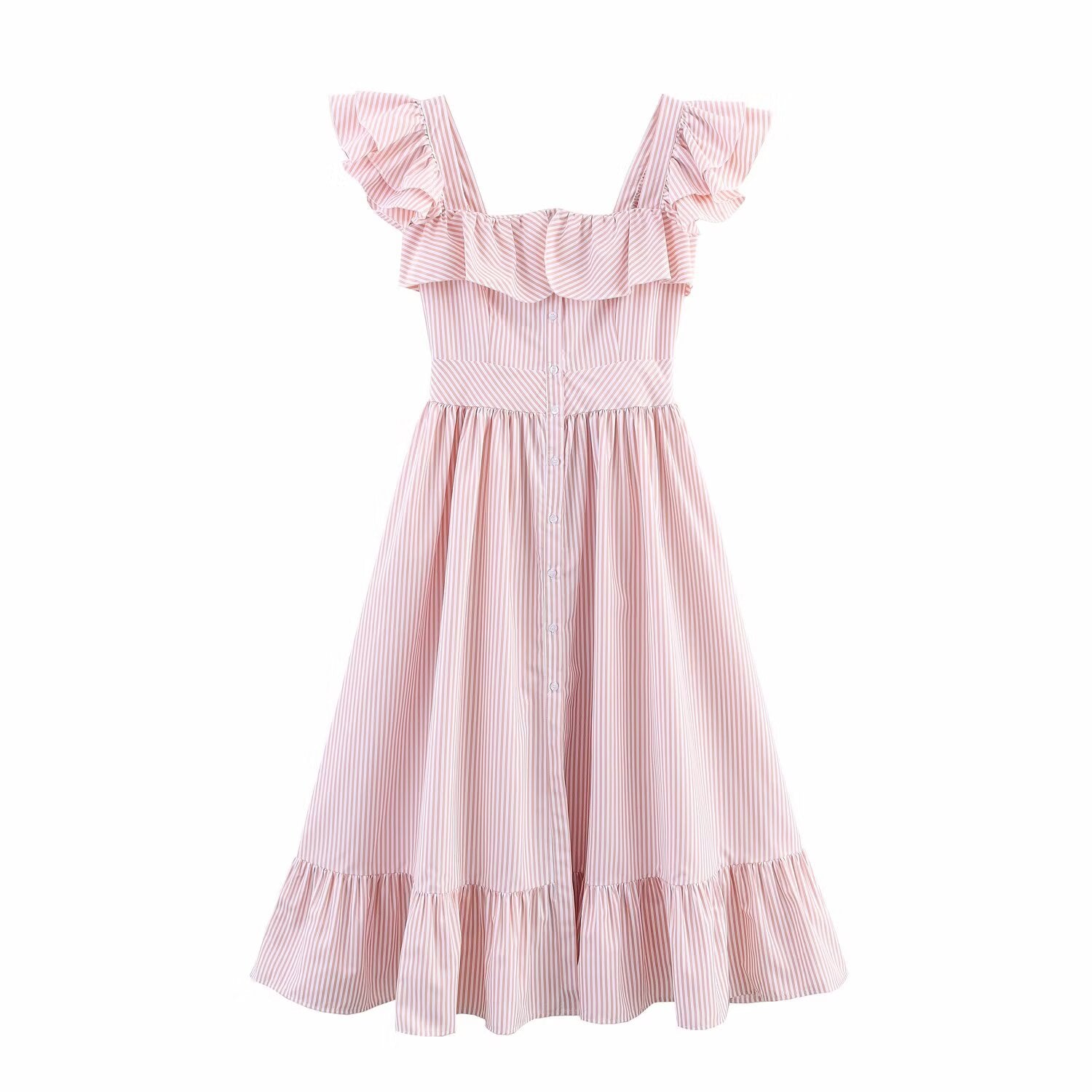 Autumn Women Clothing Three Color Single Breasted Striped Ruffled Waist Dress