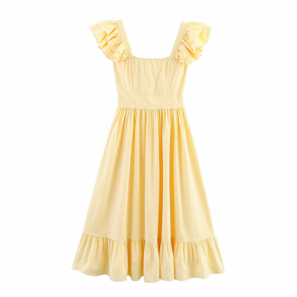 Autumn Women Clothing Three Color Single Breasted Striped Ruffled Waist Dress
