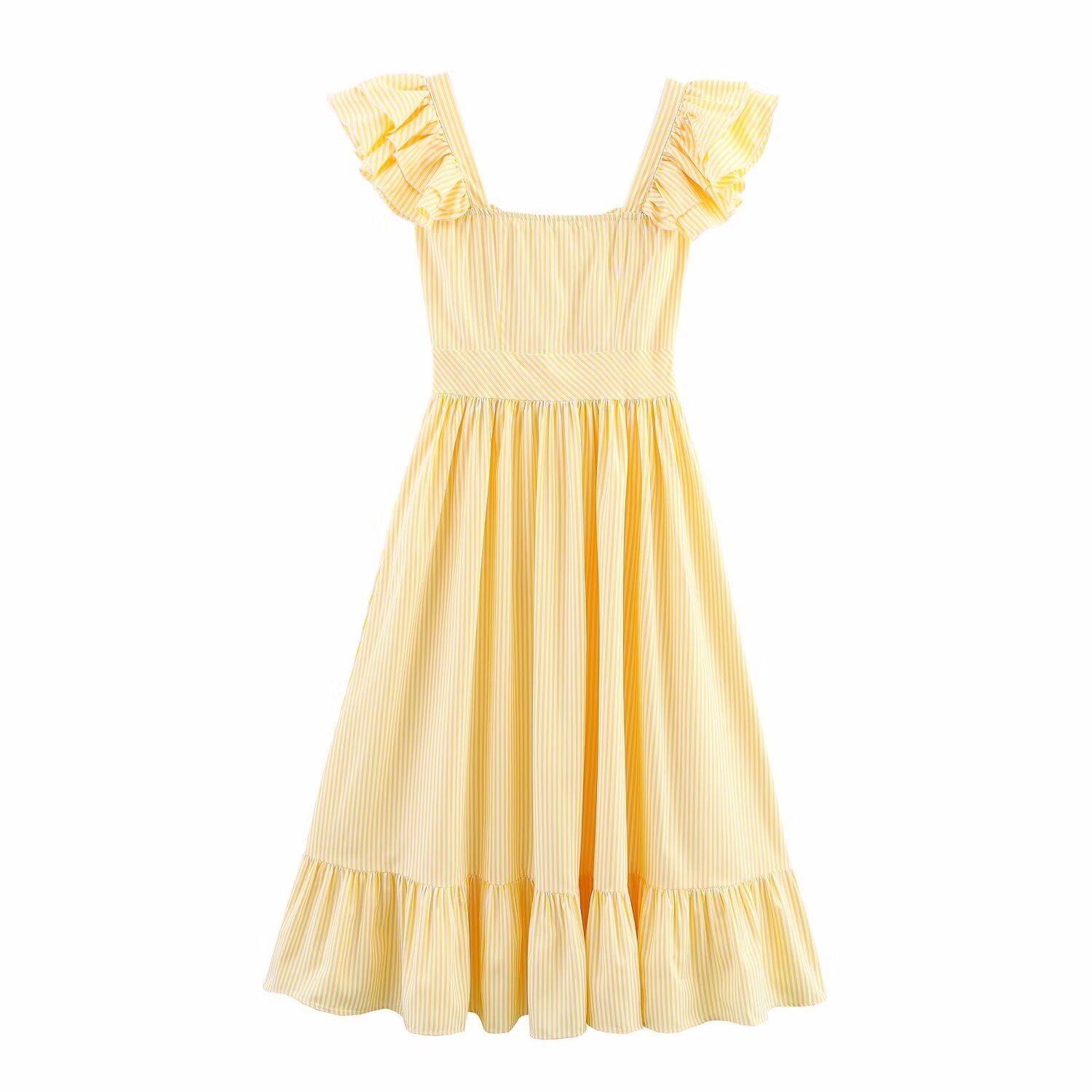 Autumn Women Clothing Three Color Single Breasted Striped Ruffled Waist Dress