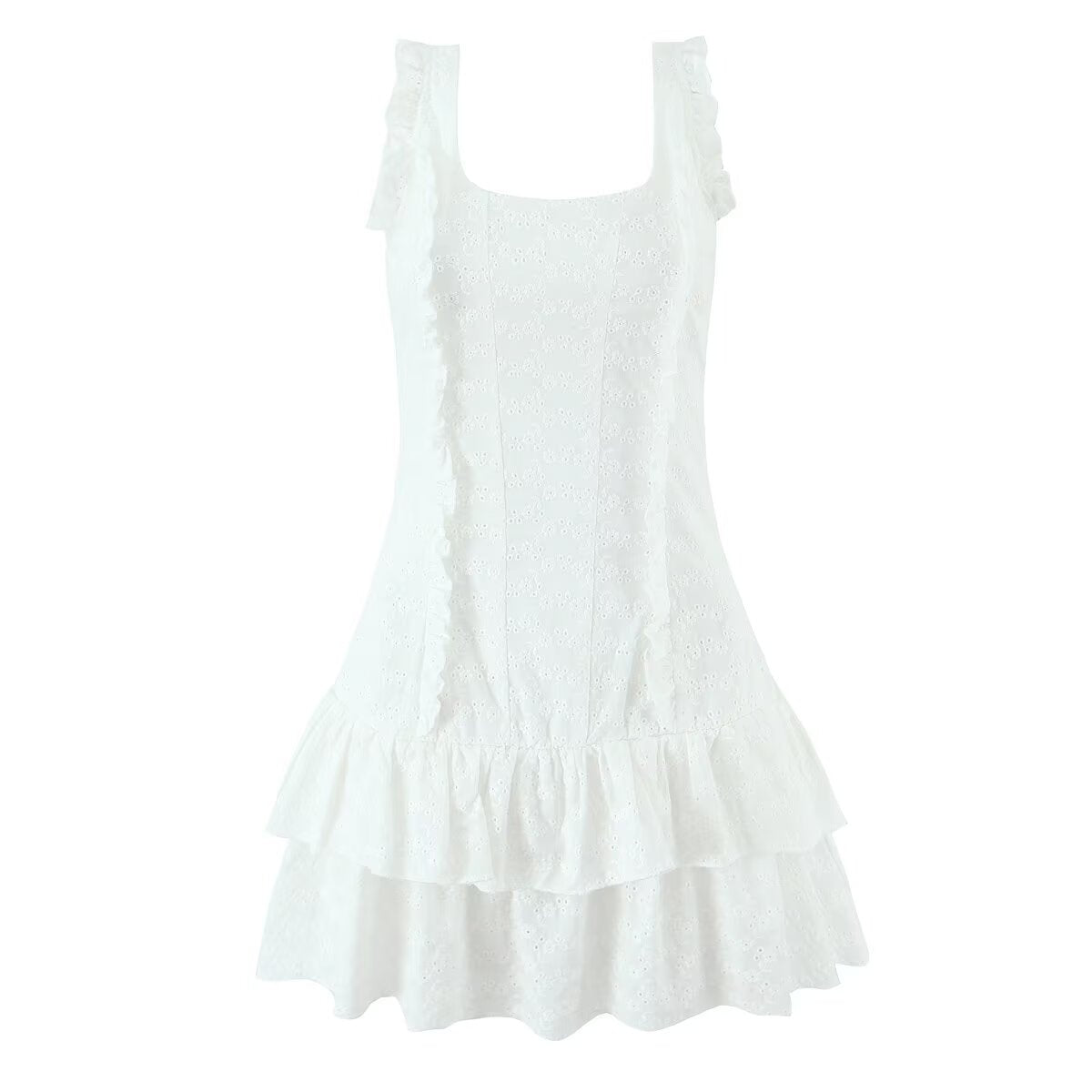 French Tight Fitting Cinched Slimming Lace Design Short Ruffled Sleeveless Mini Dress