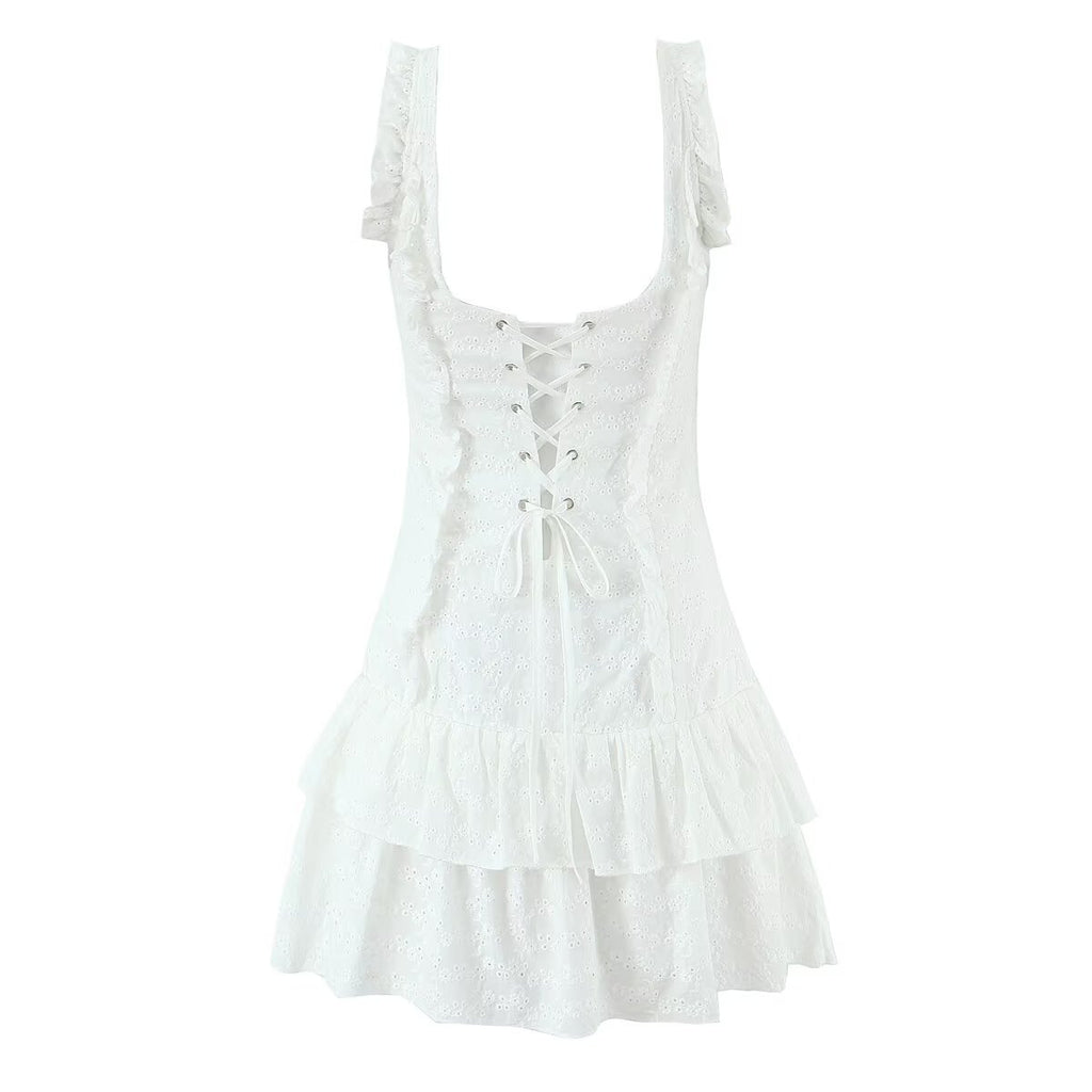 French Tight Fitting Cinched Slimming Lace Design Short Ruffled Sleeveless Mini Dress