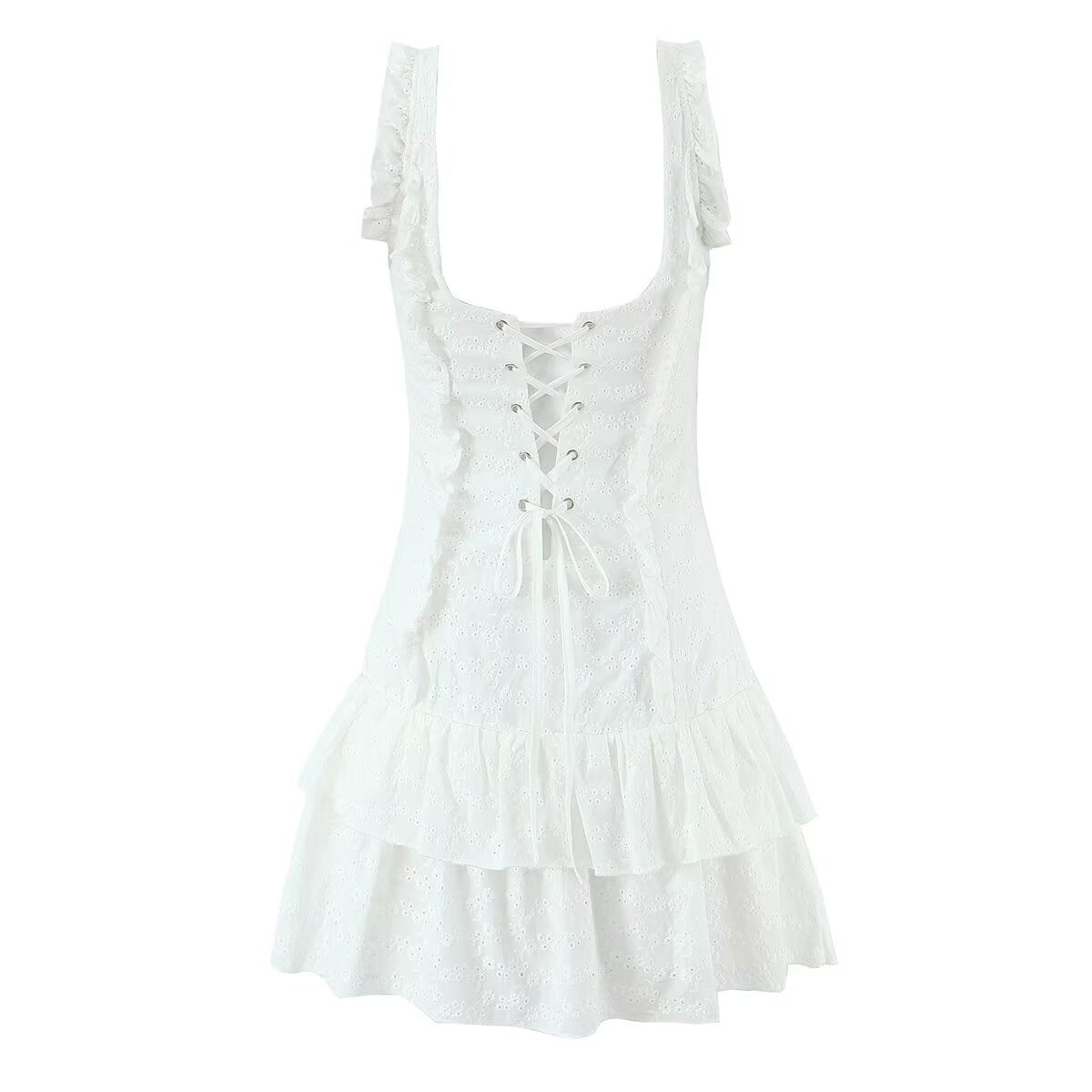 French Tight Fitting Cinched Slimming Lace Design Short Ruffled Sleeveless Mini Dress