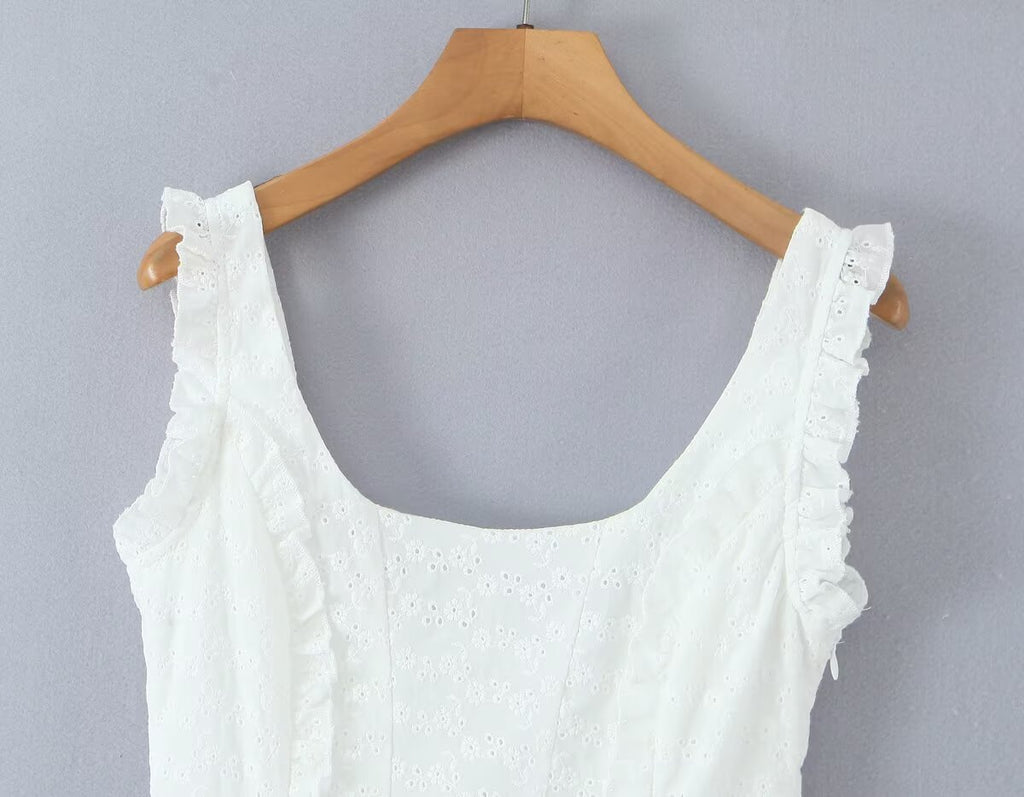 French Tight Fitting Cinched Slimming Lace Design Short Ruffled Sleeveless Mini Dress