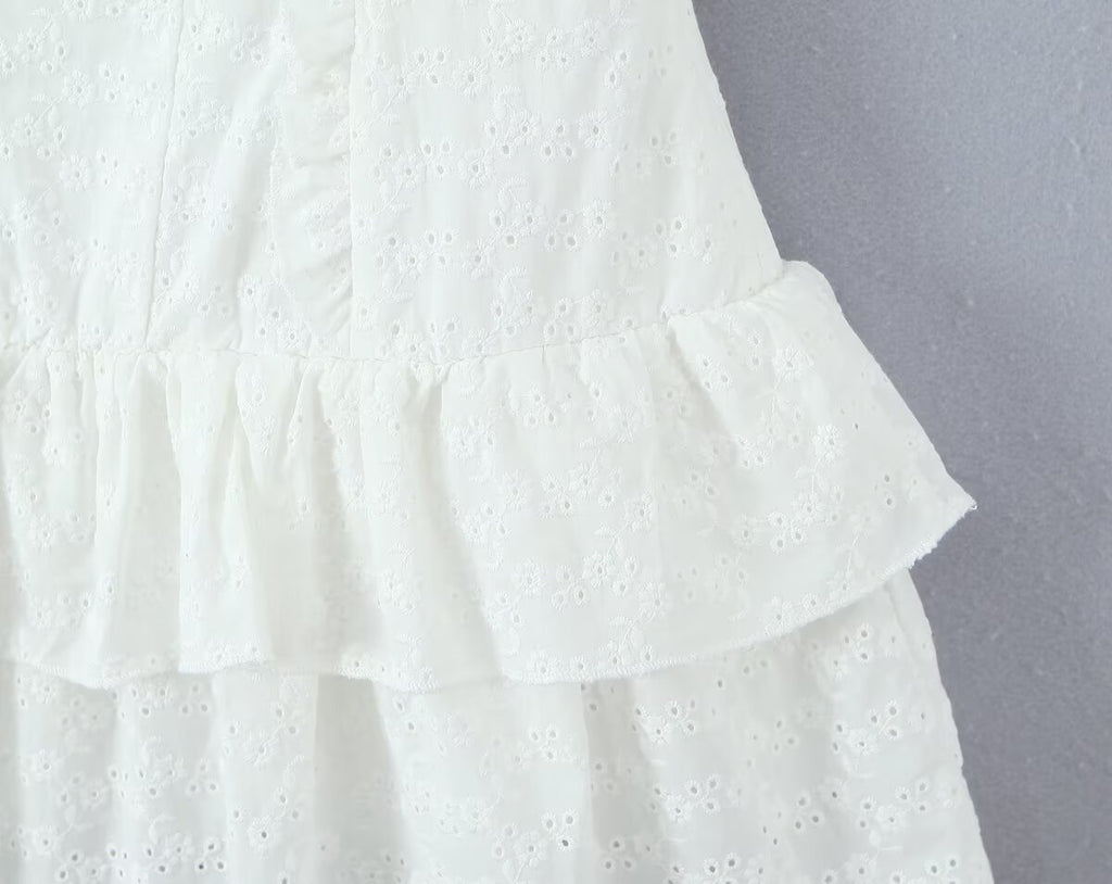 French Tight Fitting Cinched Slimming Lace Design Short Ruffled Sleeveless Mini Dress