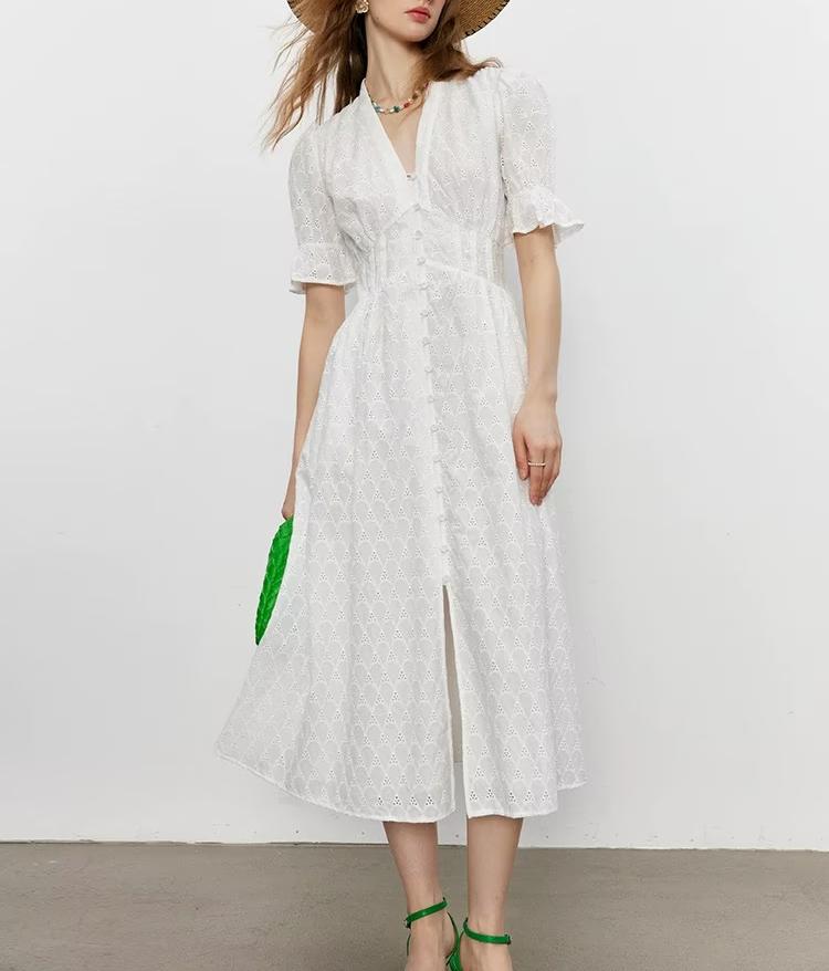 Elegant Hollow Out Cutout Embroidered Waist Slimming V Neckline Breasted Short Sleeve Dress