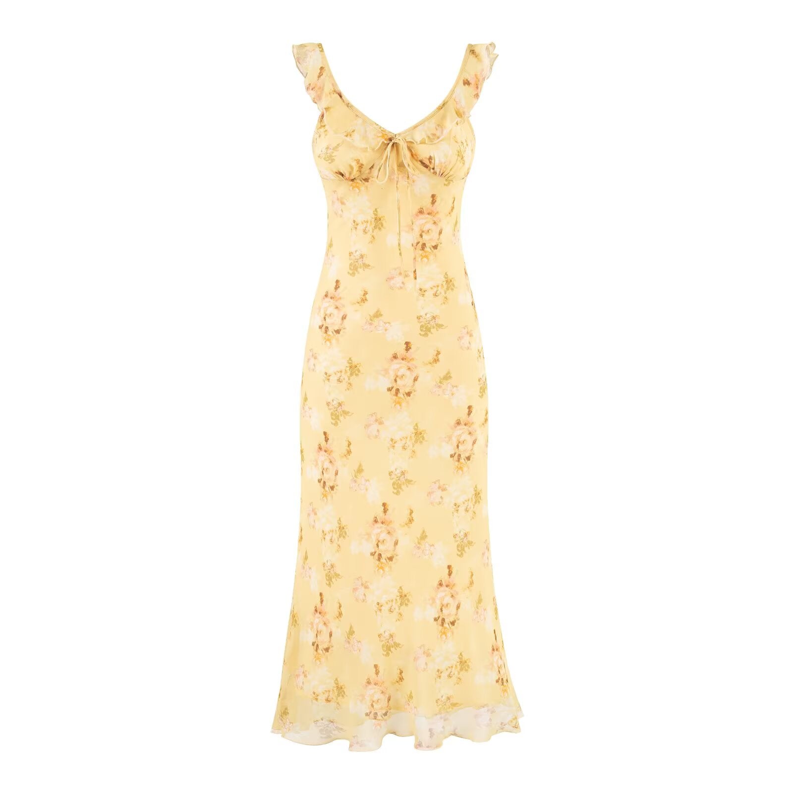 Sweet Ruffled V neck Lace up Printing Slip Dress Vacation Sexy Long Fishtail Dress