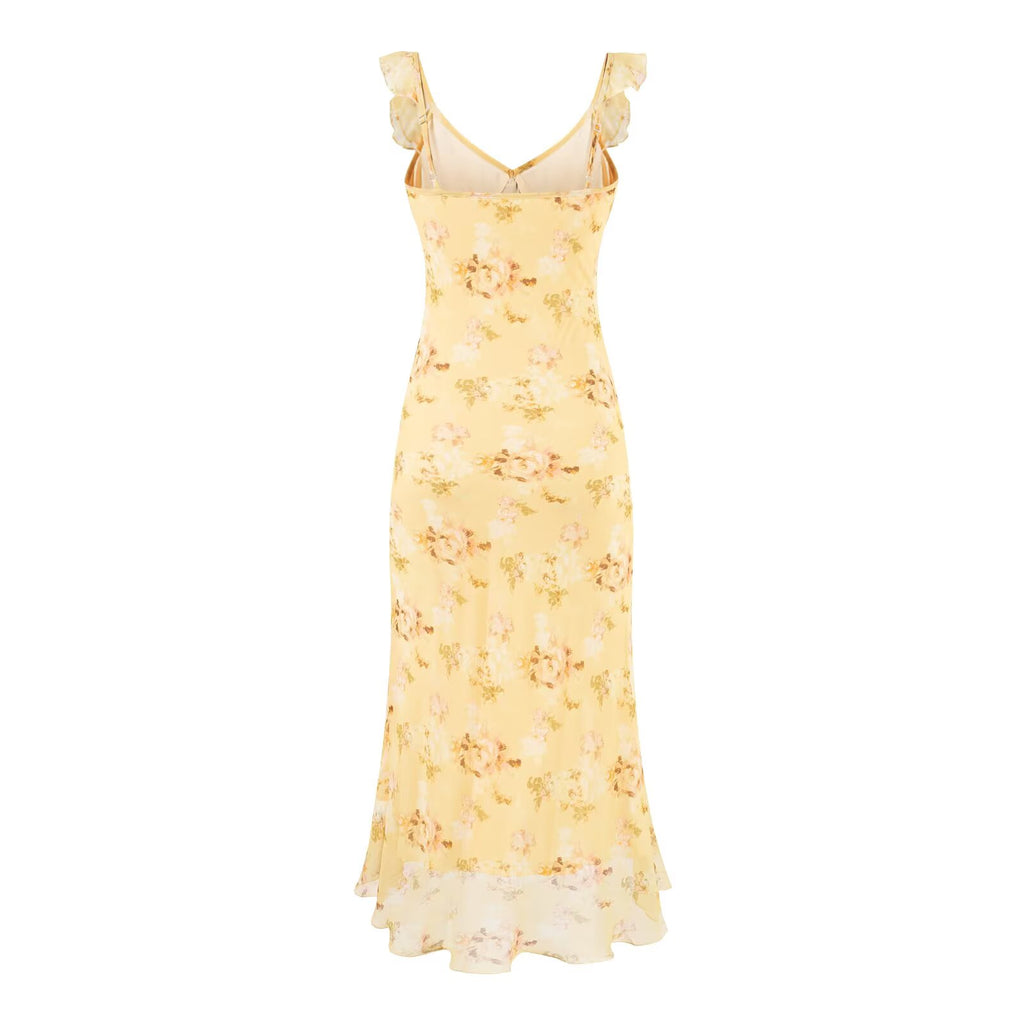 Sweet Ruffled V neck Lace up Printing Slip Dress Vacation Sexy Long Fishtail Dress
