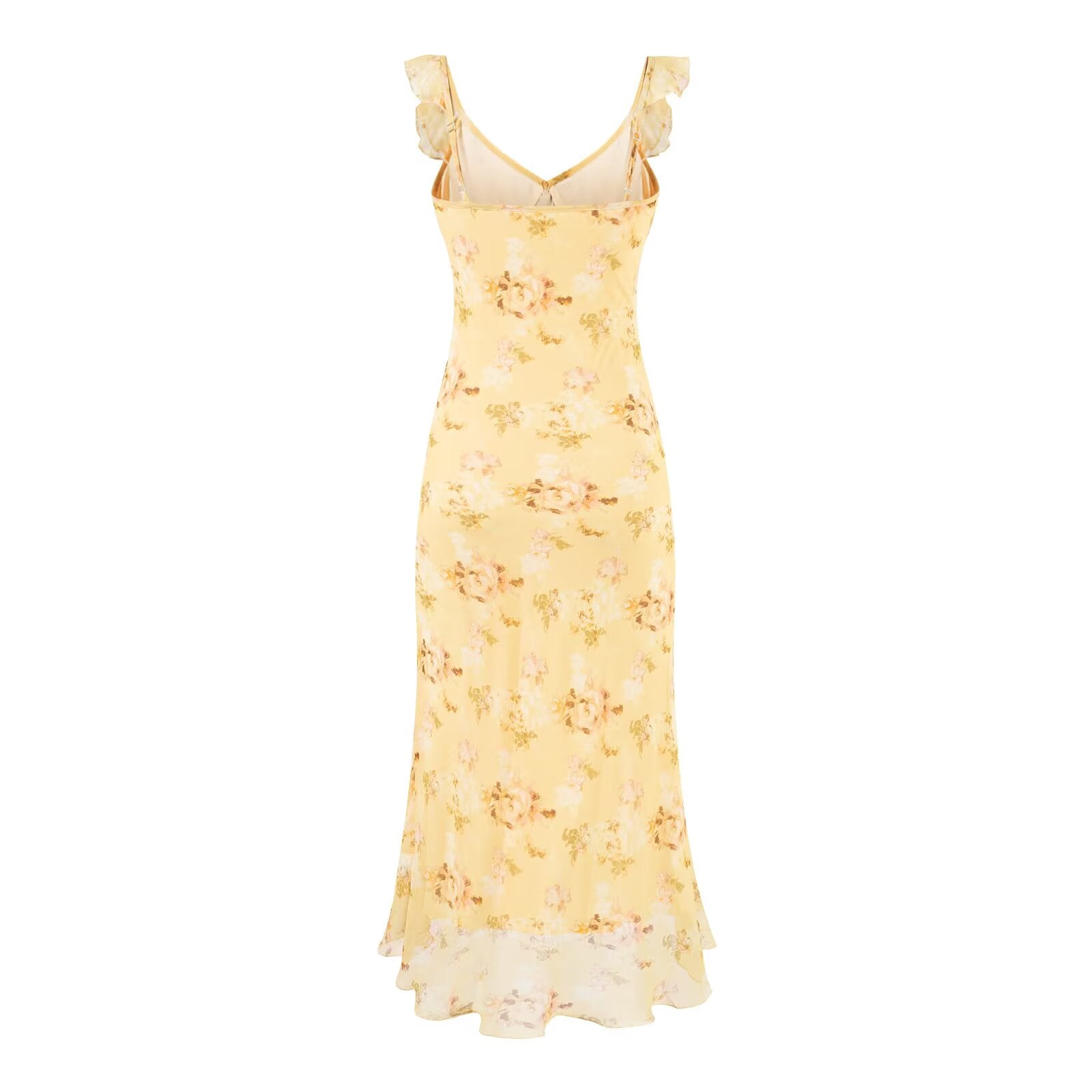 Sweet Ruffled V neck Lace up Printing Slip Dress Vacation Sexy Long Fishtail Dress