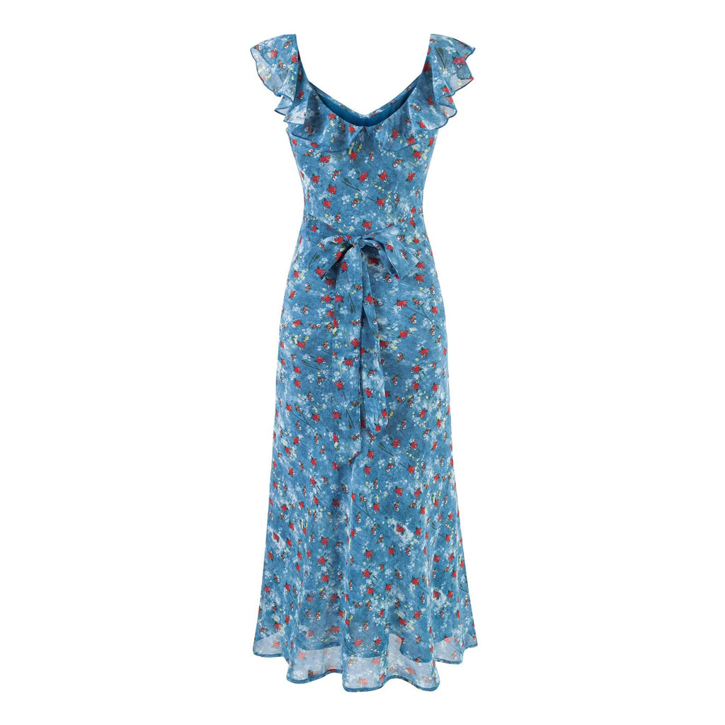Women Clothing Summer Holiday Blue Printed Ruffled Waist Dress