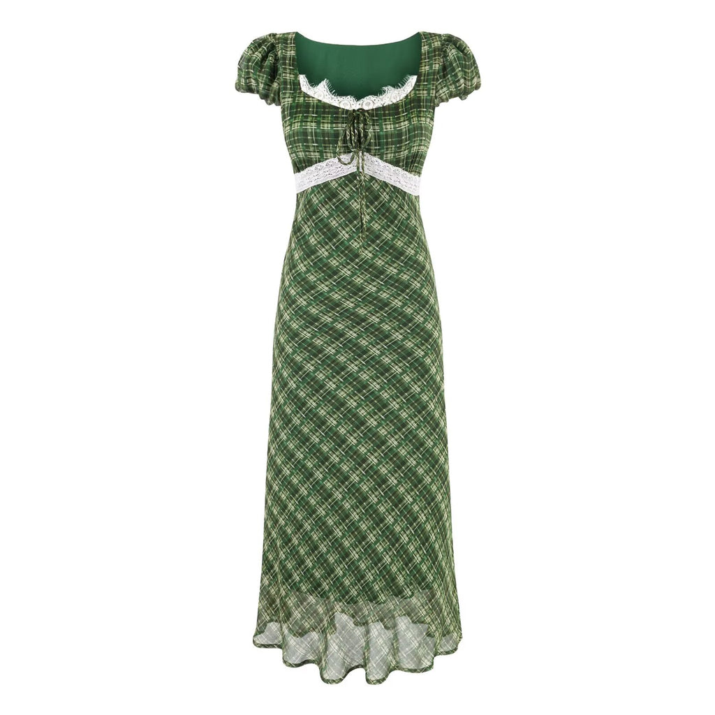 Slim Fit Big U Neck Chest Lace up Lace Stitching Short Sleeve Waist Controlled Dress Maxi Dress