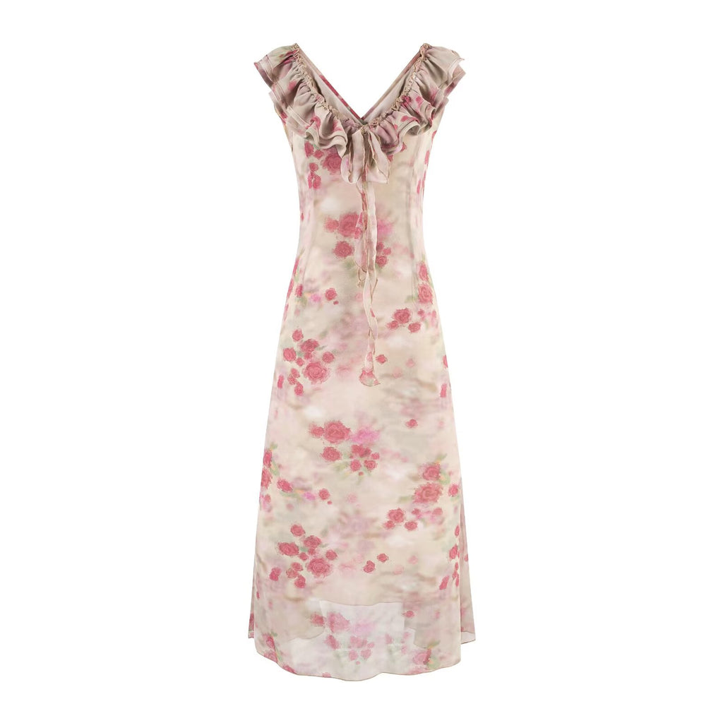 Summer Ruffled Lace up Sexy Casual Printing Maxi Dress