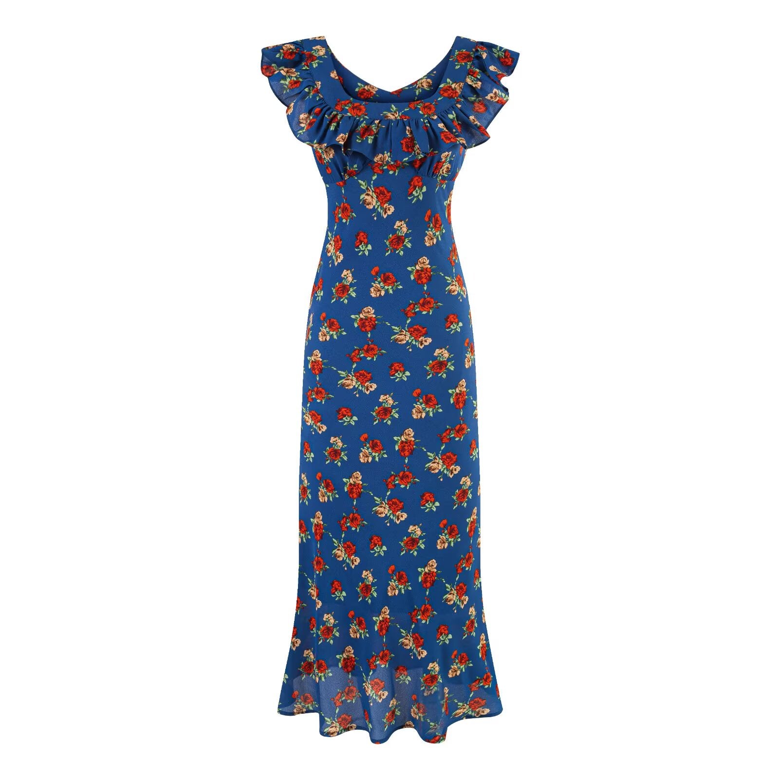 Summer Seaside Vacation Square Collar Ruffles Blue Background Printed Maxi Dress