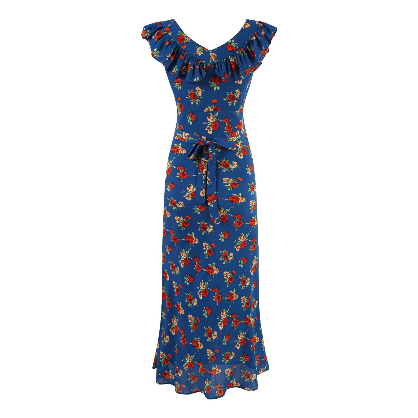 Summer Seaside Vacation Square Collar Ruffles Blue Background Printed Maxi Dress