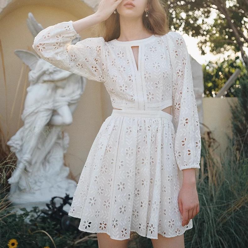 Women Clothing Early Autumn Waist Hollow Out Cutout Embroidery Sexy Long Sleeve Dress