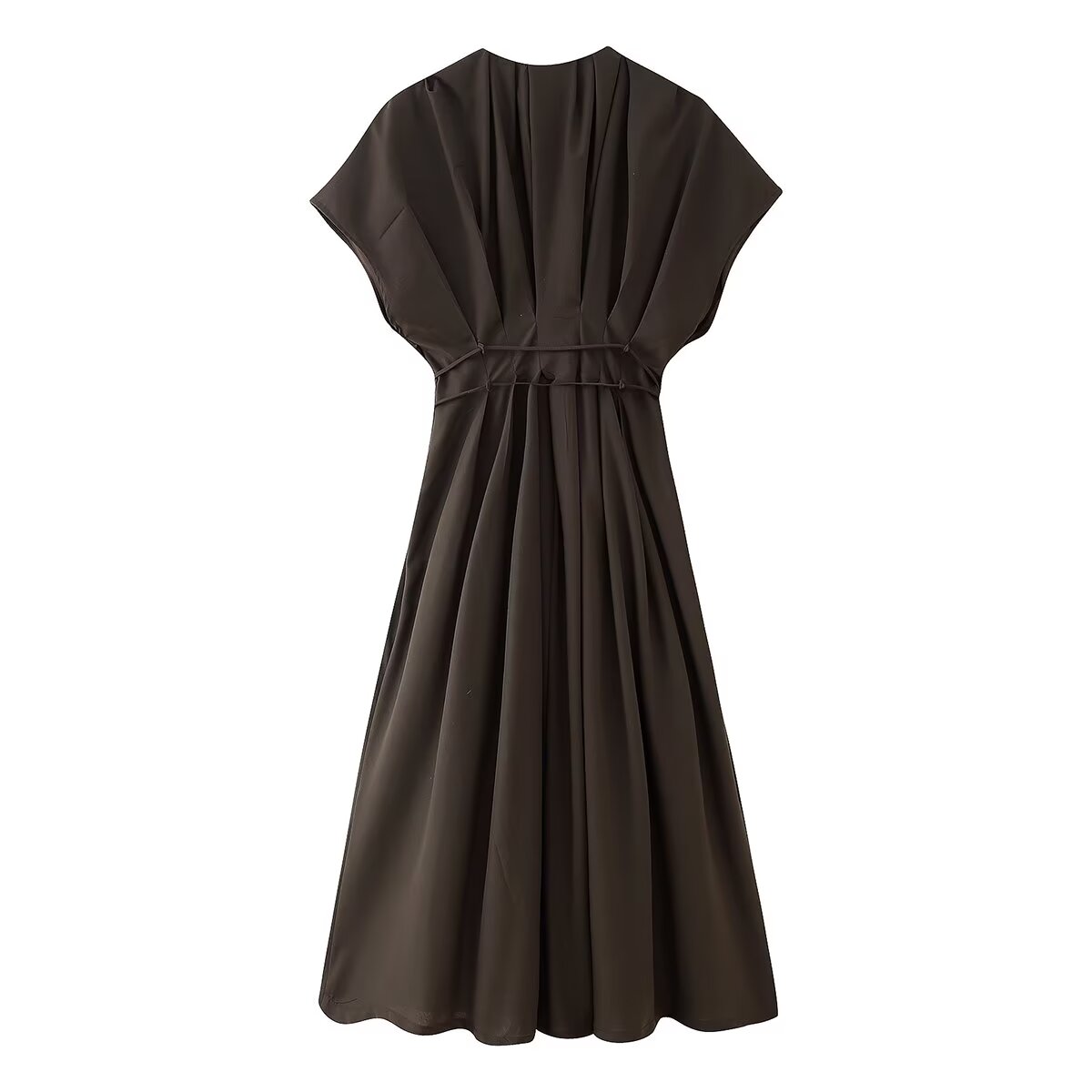 Retro Solid Color V neck Dress Waist Controlled Slimming Pleated Design Maxi Dress for Women Summer