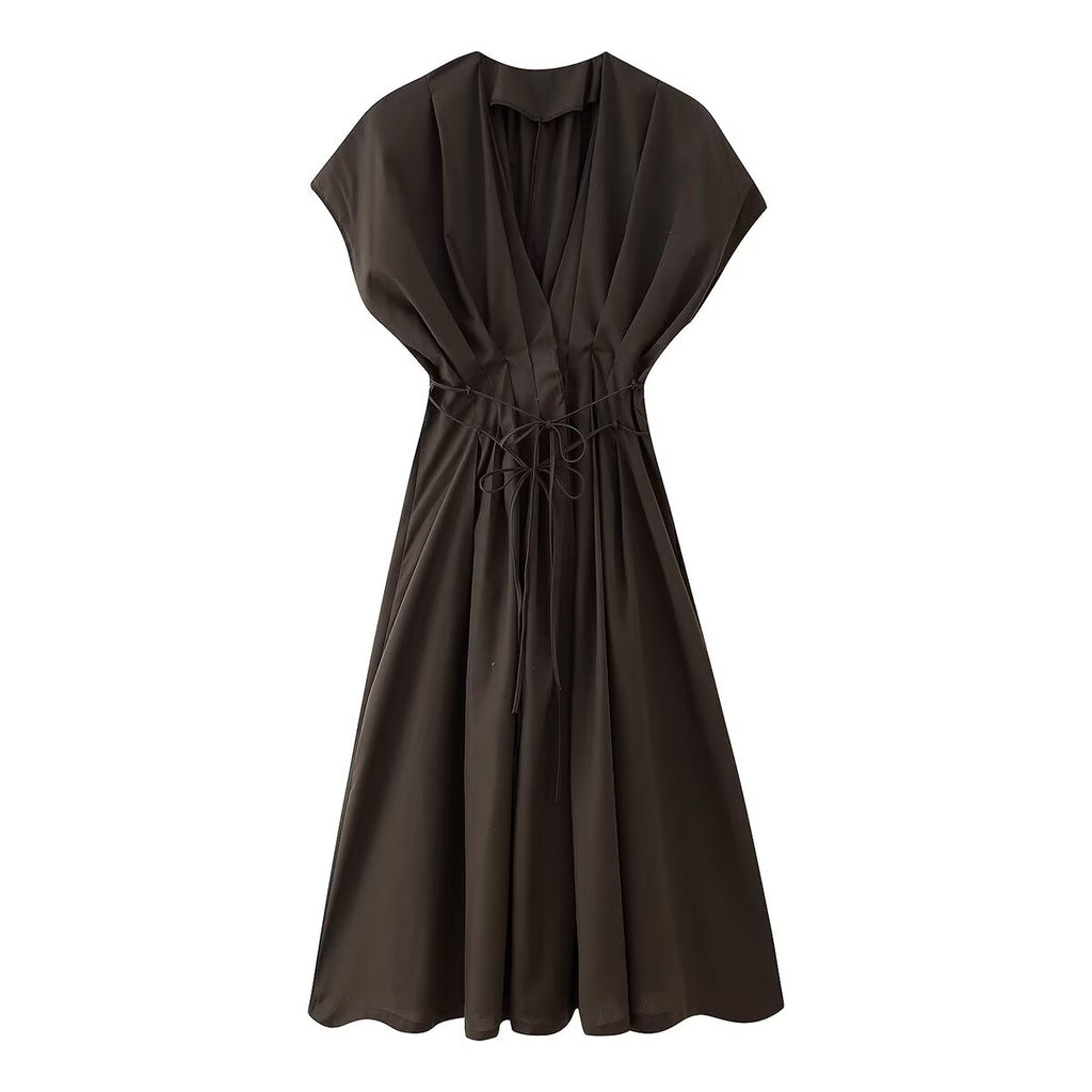 Retro Solid Color V neck Dress Waist Controlled Slimming Pleated Design Maxi Dress for Women Summer