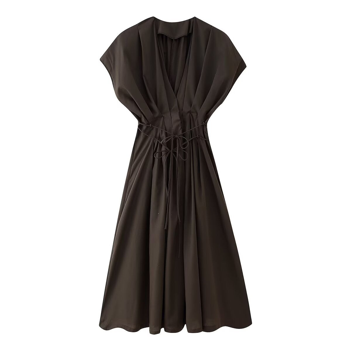 Retro Solid Color V neck Dress Waist Controlled Slimming Pleated Design Maxi Dress for Women Summer