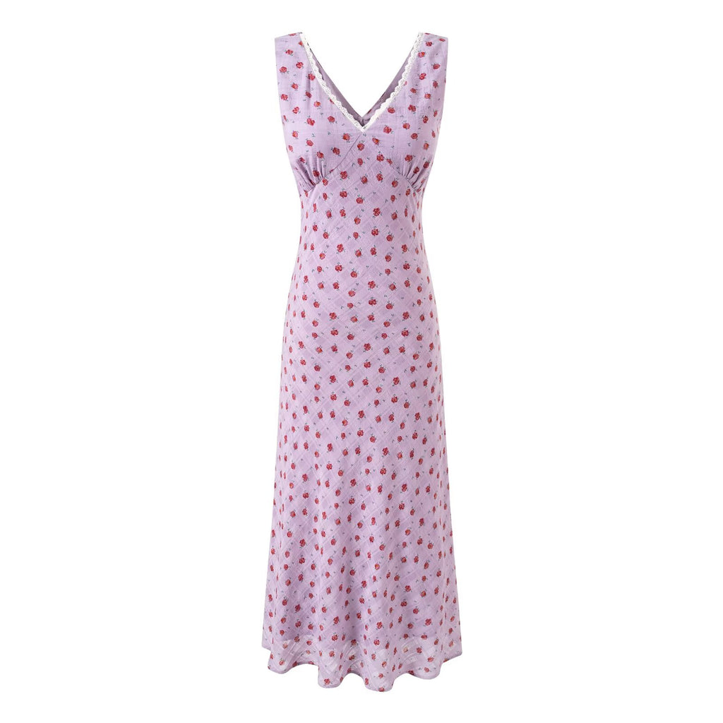 Purple Floral V neck Cinched Sleeveless Vest Dress Women Summer Travel Vacation Spaghetti Straps Maxi Dress