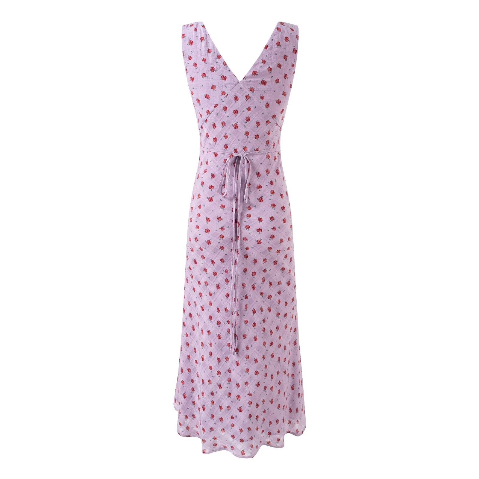 Purple Floral V neck Cinched Sleeveless Vest Dress Women Summer Travel Vacation Spaghetti Straps Maxi Dress