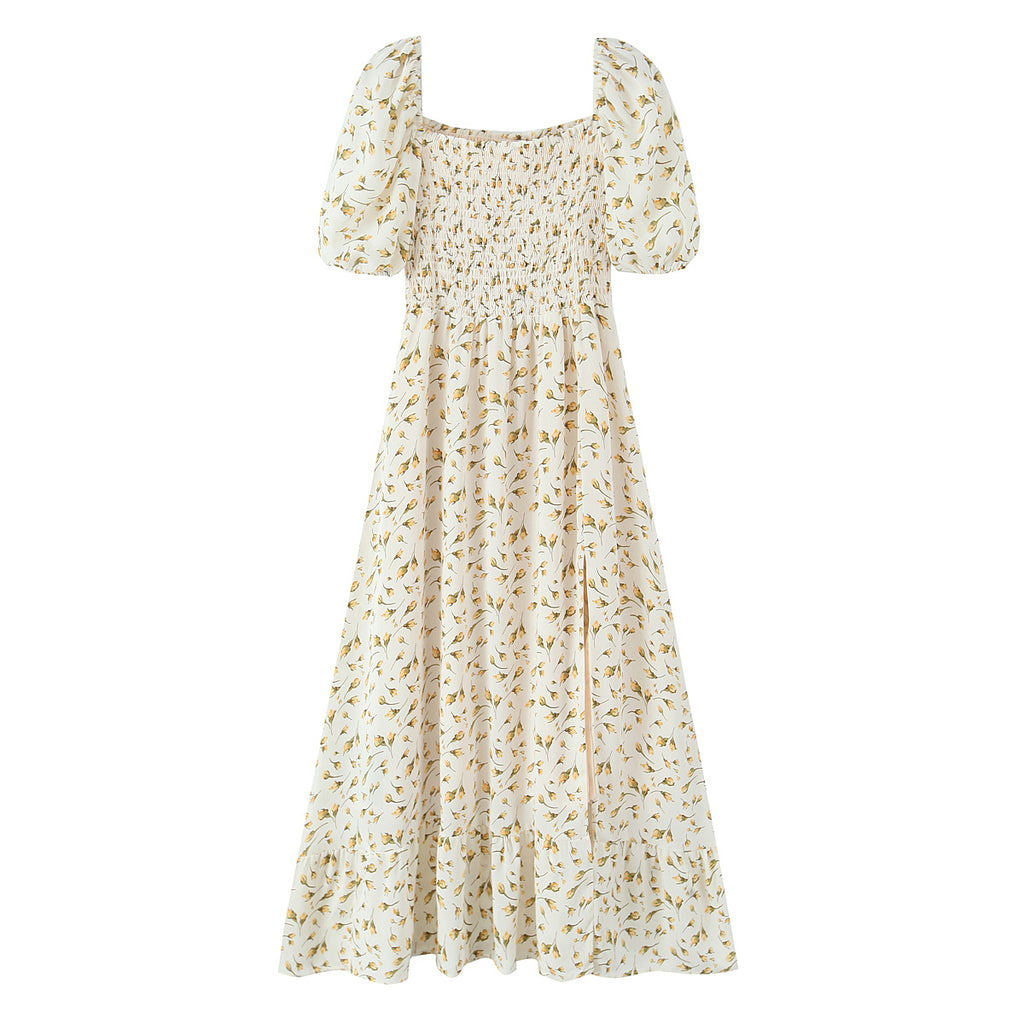 Summer Wind Women Clothing Palace Small Floral Print Square Collar Puff Sleeve Split Dress