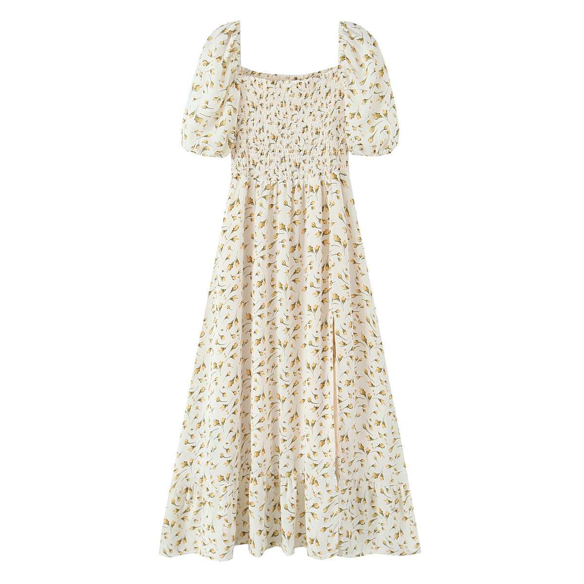 Summer Wind Women Clothing Palace Small Floral Print Square Collar Puff Sleeve Split Dress