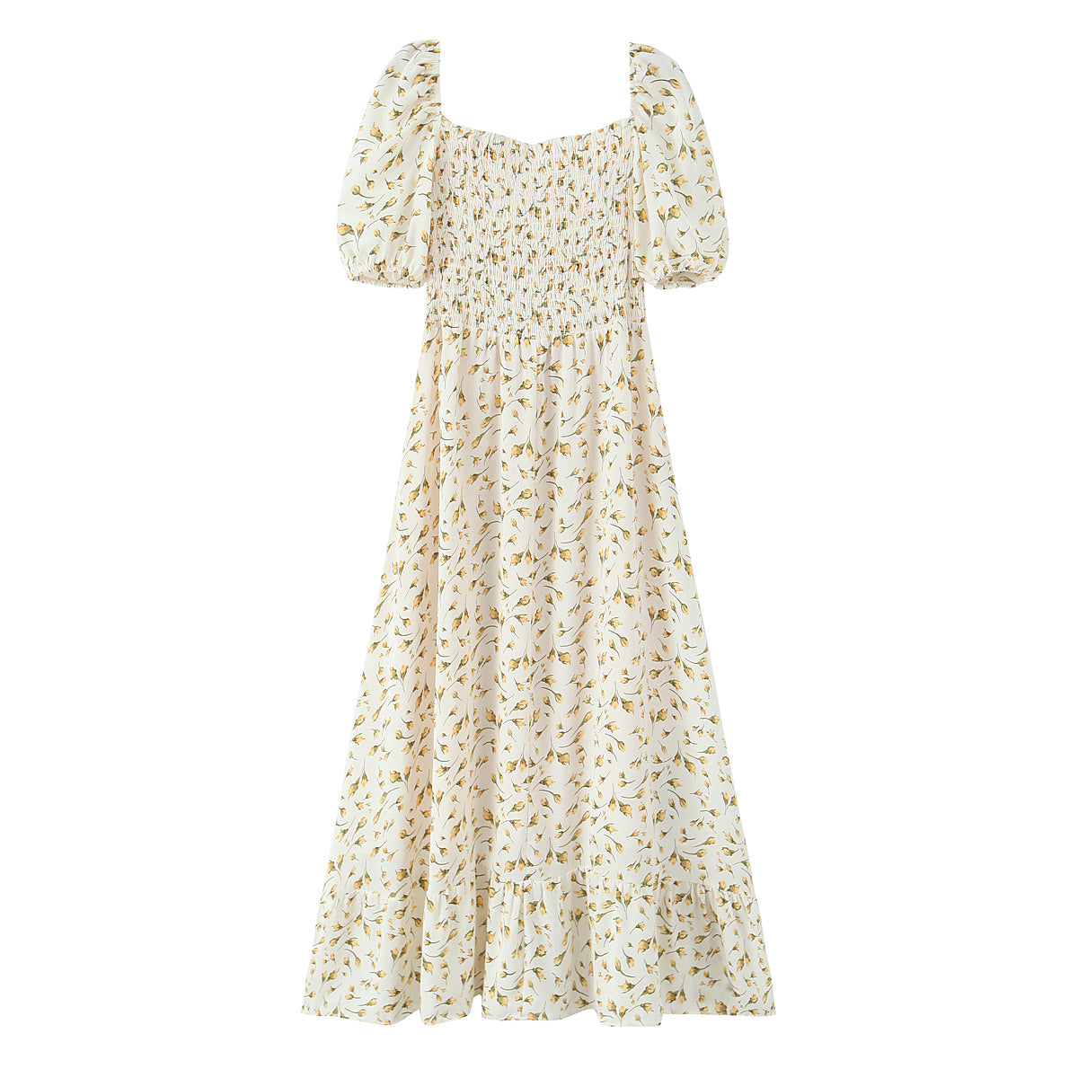 Summer Wind Women Clothing Palace Small Floral Print Square Collar Puff Sleeve Split Dress