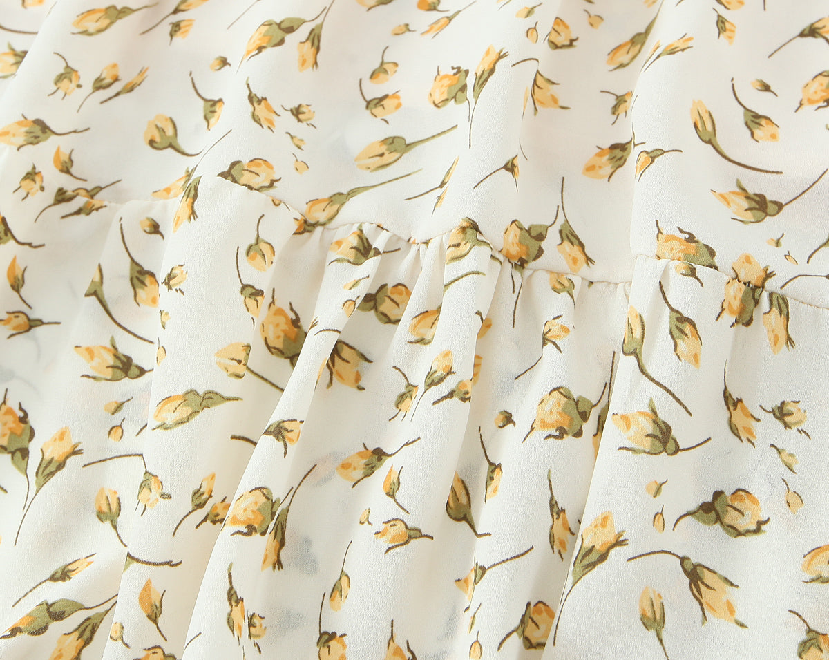 Summer Wind Women Clothing Palace Small Floral Print Square Collar Puff Sleeve Split Dress