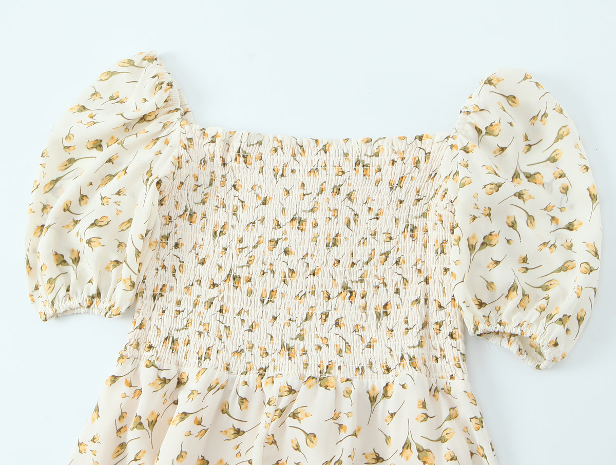 Summer Wind Women Clothing Palace Small Floral Print Square Collar Puff Sleeve Split Dress