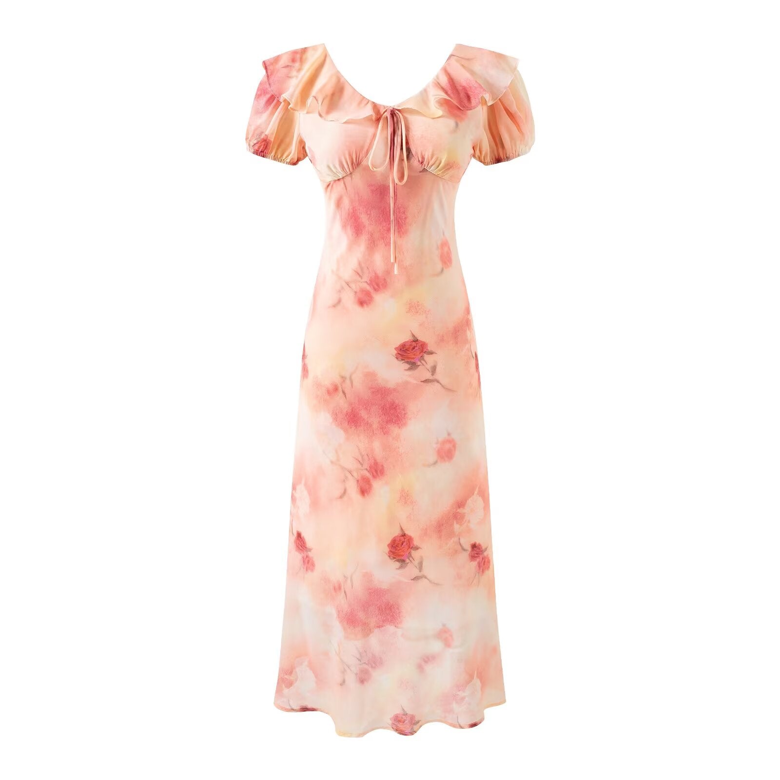 Romantic Vacation Gentle Rose Print Short Sleeved Dress Women Design Bow Ruffled V neck Dress