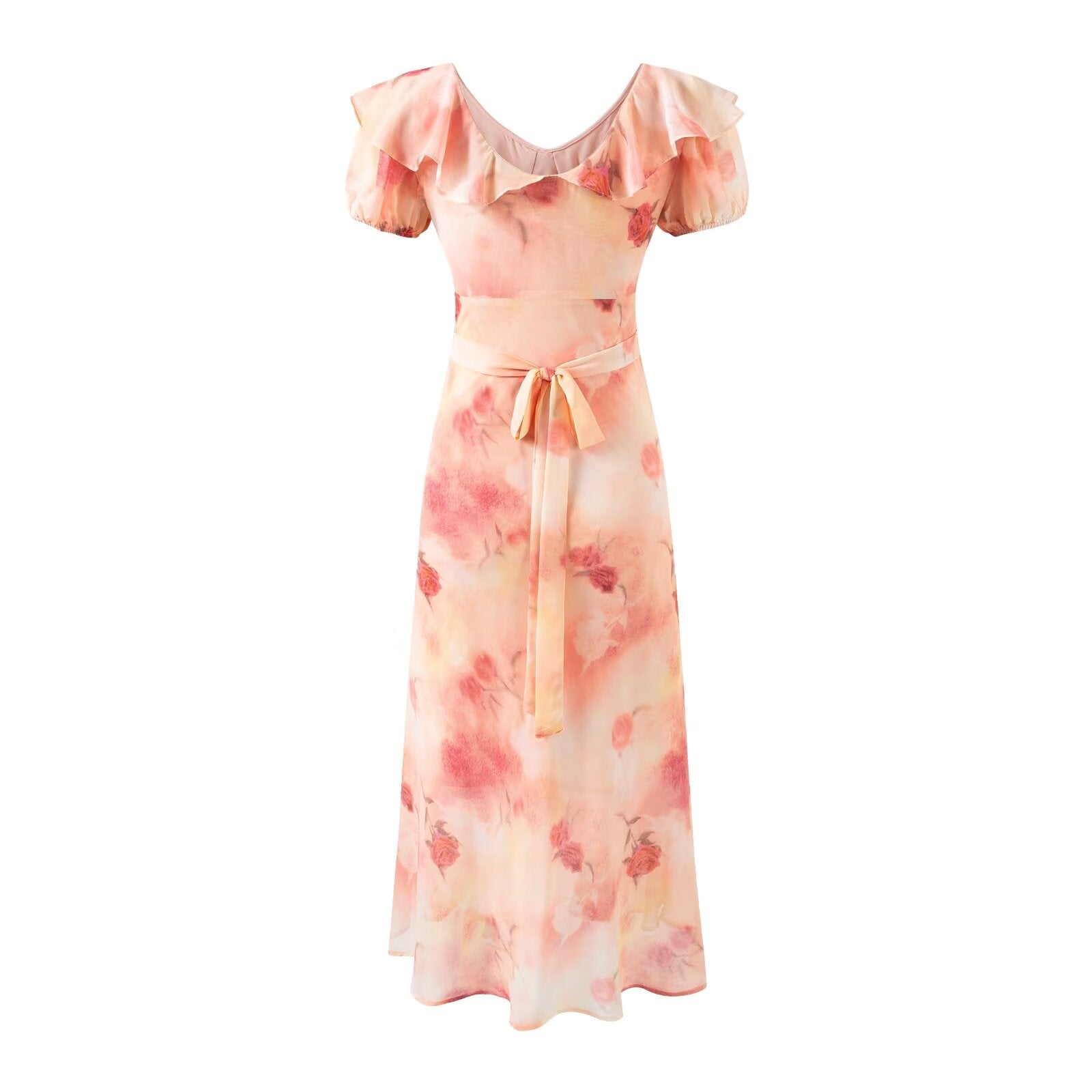 Romantic Vacation Gentle Rose Print Short Sleeved Dress Women Design Bow Ruffled V neck Dress