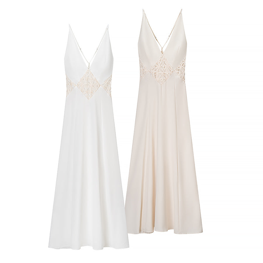 Summer Women Clothing Elegance Simplicity Sexy Slimming Hollow Out Cutout out Stitching Lace Deep V Plunge Suspender Color One Piece Dress