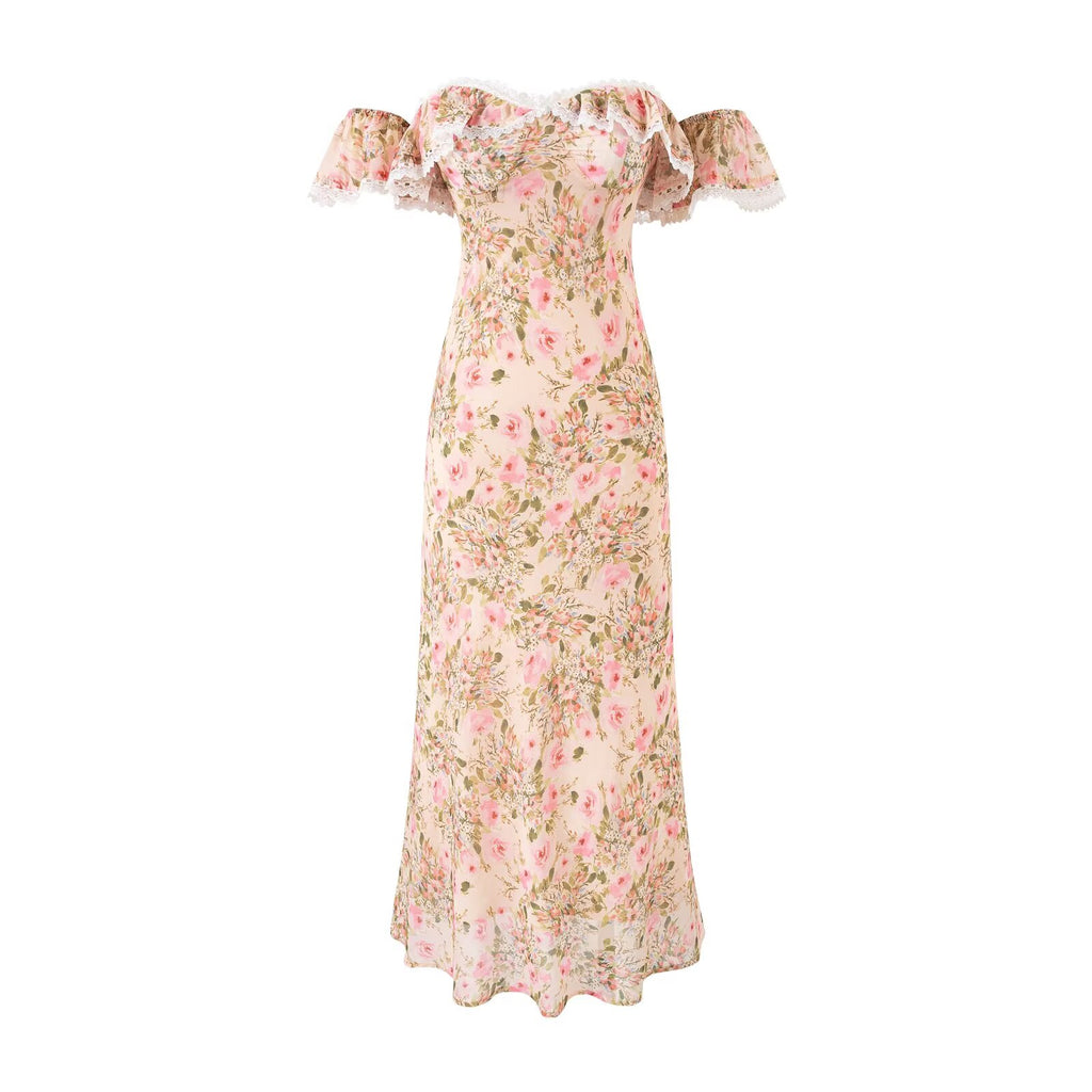 Gentle off Neck Ruffled Floral Dress Fishtail Summer Waisted Slim Fit Package Hip Long Women