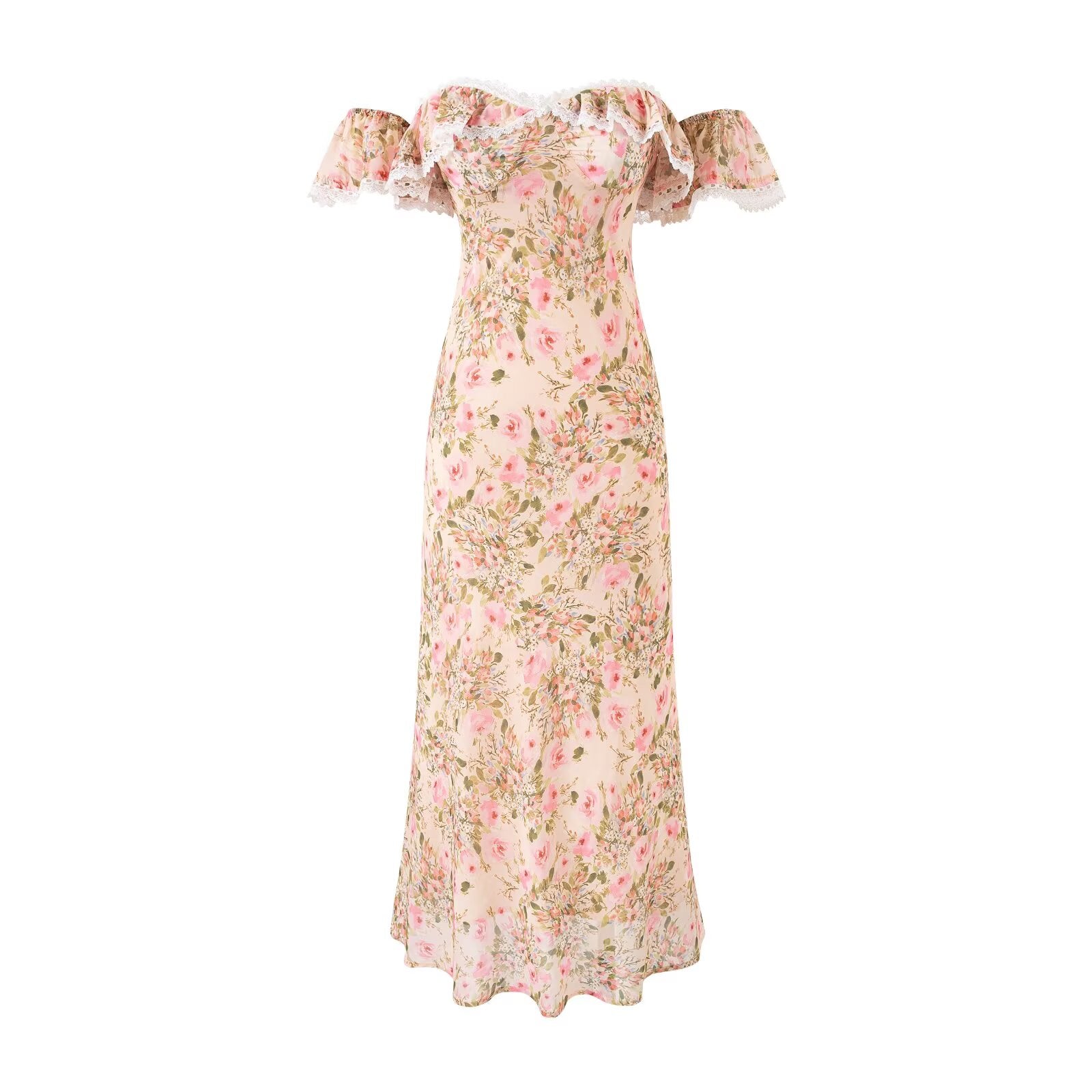 Gentle off Neck Ruffled Floral Dress Fishtail Summer Waisted Slim Fit Package Hip Long Women